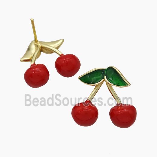 Copper Cherry Stud Earrings Red Enamel Gold Plated