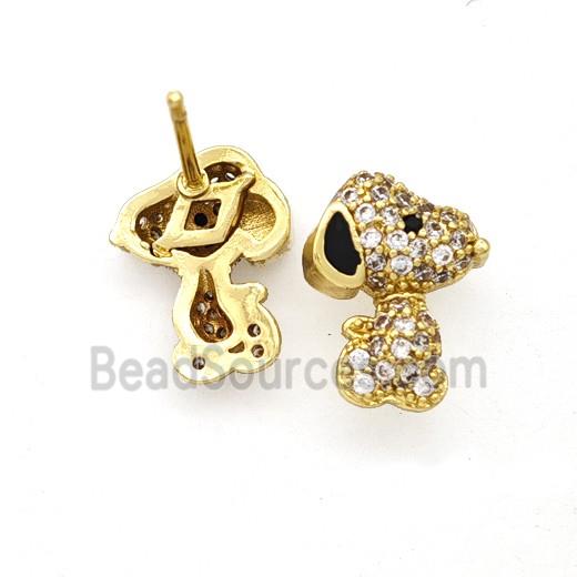 Copper Dog Stud Earrings Pave Zirconia Black Enamel Gold Plated