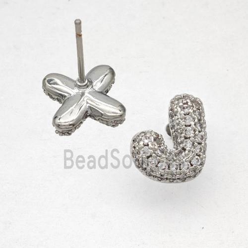 Copper Stud Earrings Pave Zirconia Letter-J Platinum Plated