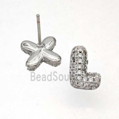 Copper Stud Earrings Pave Zirconia Letter-L Platinum Plated