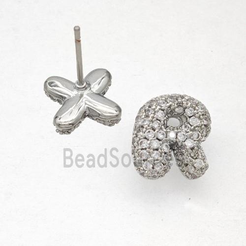 Copper Stud Earrings Pave Zirconia Letter-R Platinum Plated