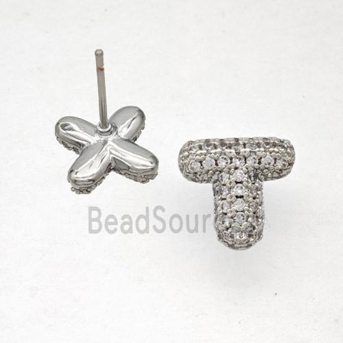 Copper Stud Earrings Pave Zirconia Letter-T Platinum Plated