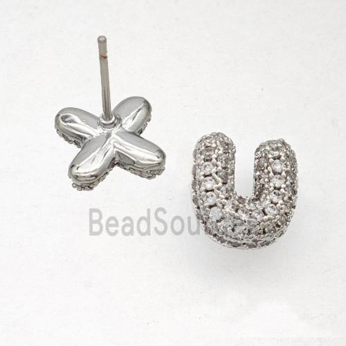 Copper Stud Earrings Pave Zirconia Letter-U Platinum Plated