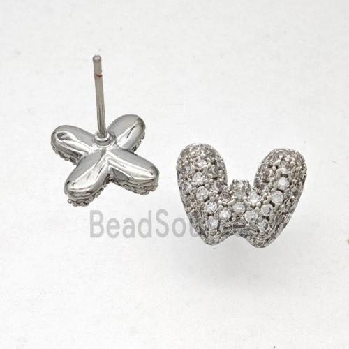 Copper Stud Earrings Pave Zirconia Letter-W Platinum Plated