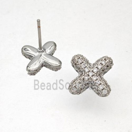 Copper Stud Earrings Pave Zirconia Letter-X Platinum Plated