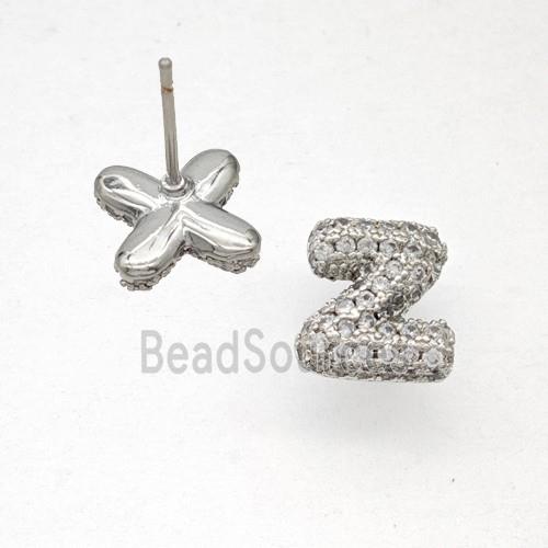 Copper Stud Earrings Pave Zirconia Letter-Z Platinum Plated