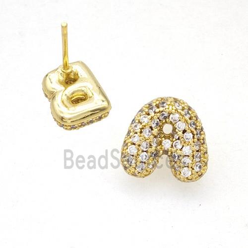 Copper Stud Earrings Pave Zirconia Letter-A Gold Plated