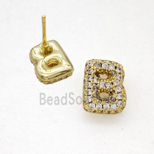 Copper Stud Earrings Pave Zirconia Letter-B Gold Plated