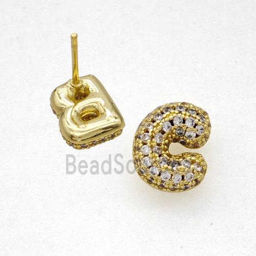 Copper Stud Earrings Pave Zirconia Letter-C Gold Plated