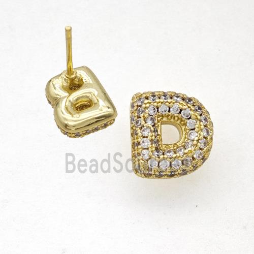 Copper Stud Earrings Pave Zirconia Letter-D Gold Plated