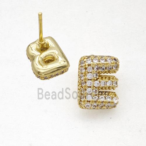 Copper Stud Earrings Pave Zirconia Letter-E Gold Plated