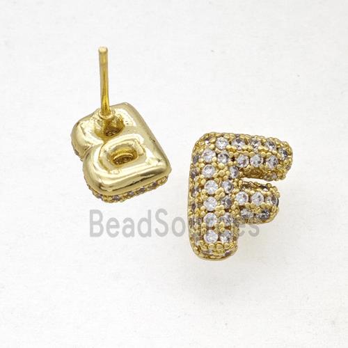 Copper Stud Earrings Pave Zirconia Letter-F Gold Plated