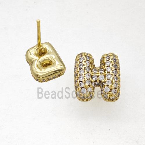 Copper Stud Earrings Pave Zirconia Letter-H Gold Plated