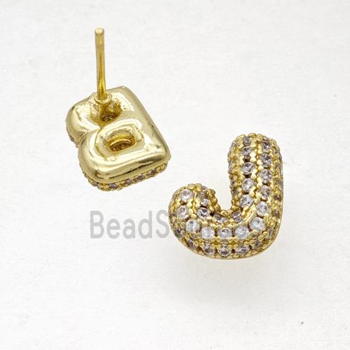 Copper Stud Earrings Pave Zirconia Letter-J Gold Plated