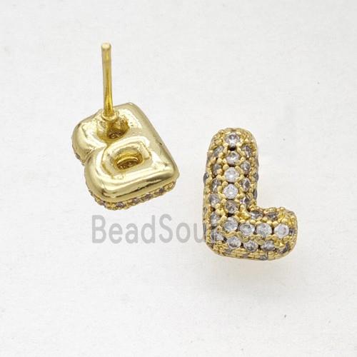 Copper Stud Earrings Pave Zirconia Letter-L Gold Plated