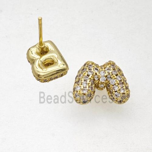 Copper Stud Earrings Pave Zirconia Letter-M Gold Plated