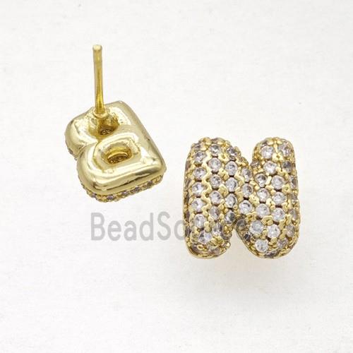 Copper Stud Earrings Pave Zirconia Letter-N Gold Plated