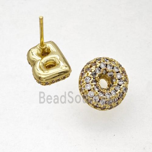 Copper Stud Earrings Pave Zirconia Letter-O Gold Plated