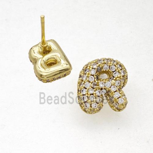 Copper Stud Earrings Pave Zirconia Letter-R Gold Plated