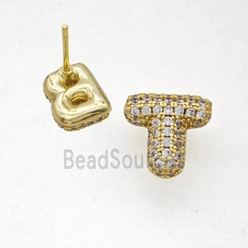 Copper Stud Earrings Pave Zirconia Letter-T Gold Plated