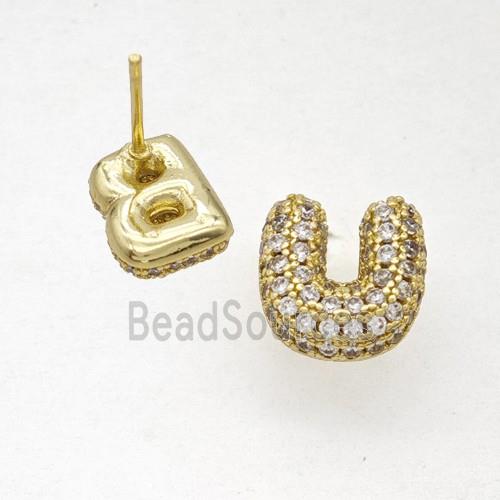 Copper Stud Earrings Pave Zirconia Letter-U Gold Plated