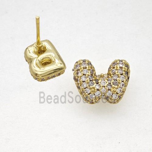 Copper Stud Earrings Pave Zirconia Letter-W Gold Plated