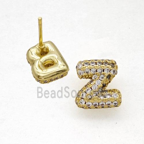 Copper Stud Earrings Pave Zirconia Letter-Z Gold Plated