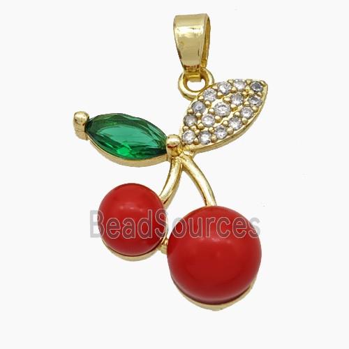 Copper Cherry Pendant Pave Zirconia Red Pearlized Resin Gold Plated