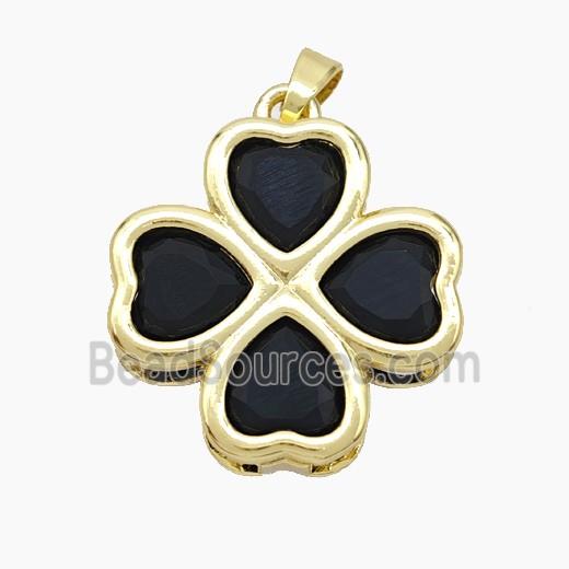 Copper Clover Pendant Pave Black Crystal Glass Heart Gold Plated