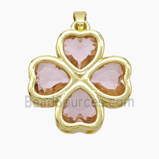 Copper Clover Pendant Pave Pink Crystal Glass Heart Gold Plated