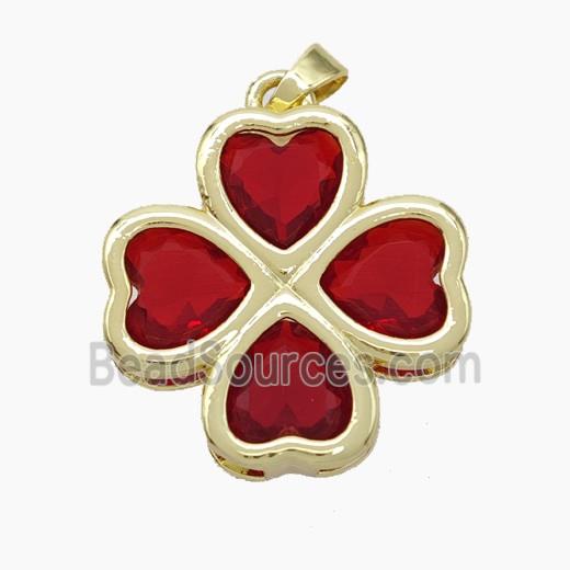 Copper Clover Pendant Pave Red Crystal Glass Heart Gold Plated