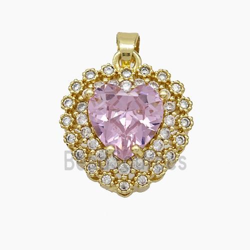 Copper Heart Pendant Micropave Zirconia Pink Crystal Glass Gold Plated
