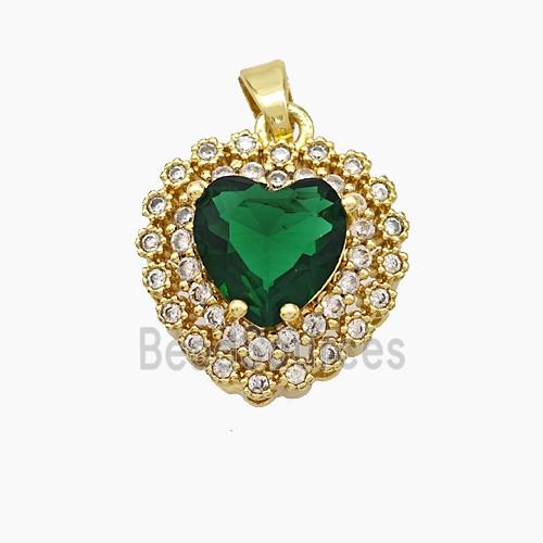Copper Heart Pendant Micropave Zirconia Green Crystal Glass Gold Plated