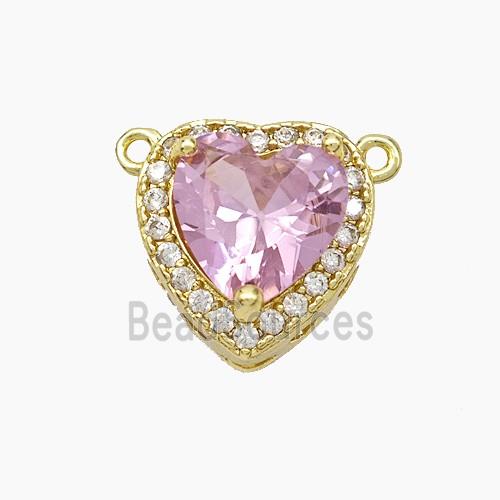 Copper Heart Pendant Micropave Zirconia Pink Crystal Glass 2loops Gold Plated