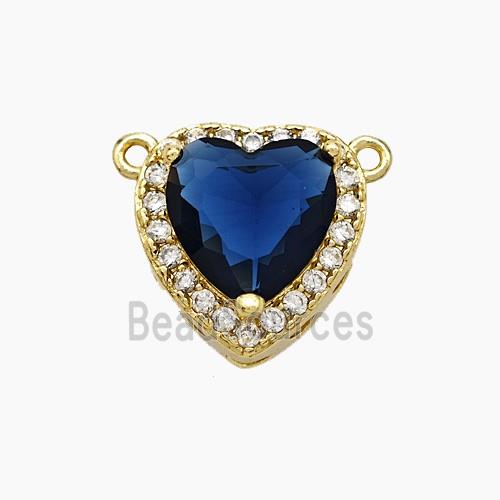 Copper Heart Pendant Micropave Zirconia Deepblue Crystal Glass 2loops Gold Plated