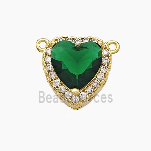 Copper Heart Pendant Micropave Zirconia Green Crystal Glass 2loops Gold Plated