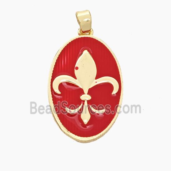 Copper Oval Pendant Fleur De Lis Red Enamel Gold Plated