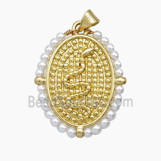 Copper Snake Pendant Pearlized Resin Wire Wrapped Oval 18K Gold Plated