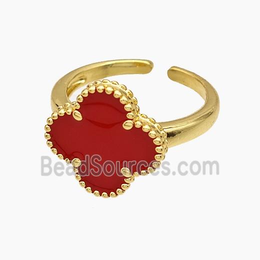 Copper Clover Rings Red Enamel 18K Gold Plated