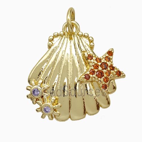 Copper Scallop Shell Pendant Pave Zirconia Starfish Gold Plated