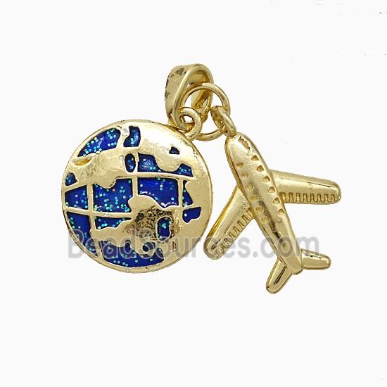 Copper Earth And Airplane Pendant Blue Painted Gold Plated