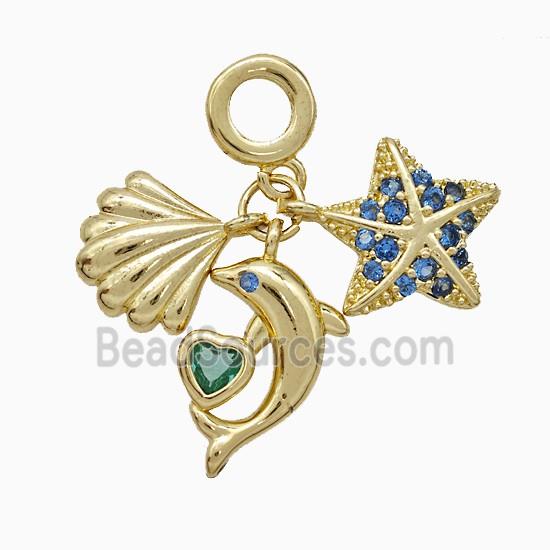 Scallop Shell And Starfish Dolphin Charms Copper Pendant Pave Zirconia Gold Plated
