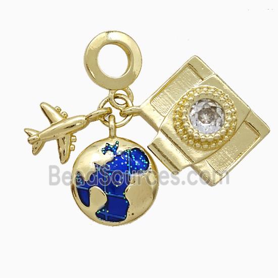 Earth And Airplane Camera Charms Copper Pendant Blue Painted Gold Plated