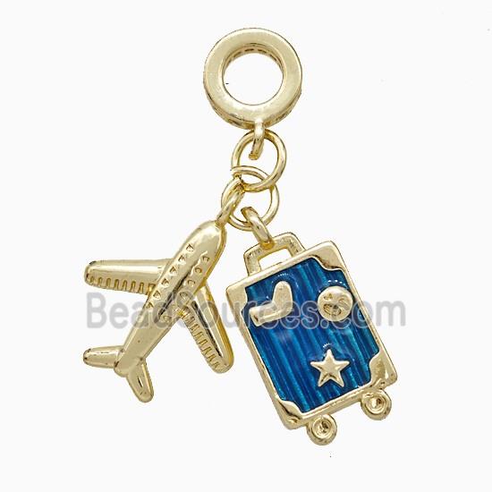 Airplane And Travel Box Charms Copper Pendant Blue Painted Gold Plated