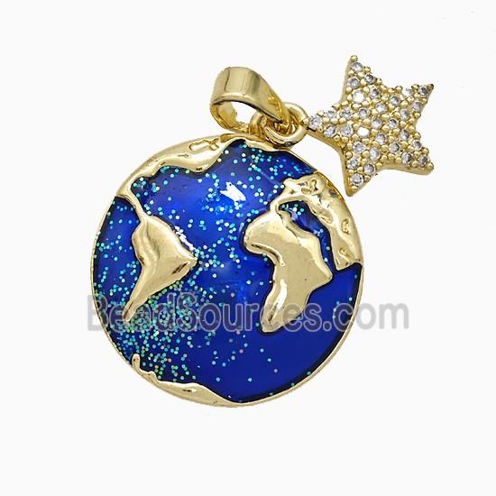 Earch And Star Charms Copper Pendant Blue Painted Gold Plated