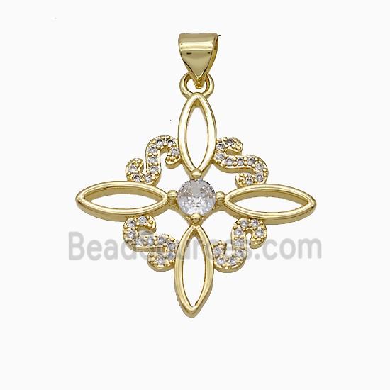 Copper Cross Pendant Pave Zirconia Flower Gold Plated