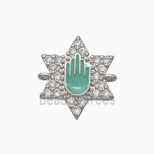 Copper Star Hand Connector Pave Zirconia Green Enamel Platinum Plated