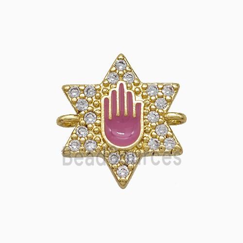 Copper Star Hand Connector Pave Zirconia Pink Enamel Gold Plated
