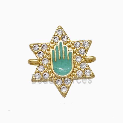 Copper Star Hand Connector Pave Zirconia Green Enamel Gold Plated