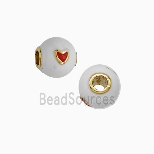 Copper Round Beads White Enamel Heart Large Hole Gold Plated